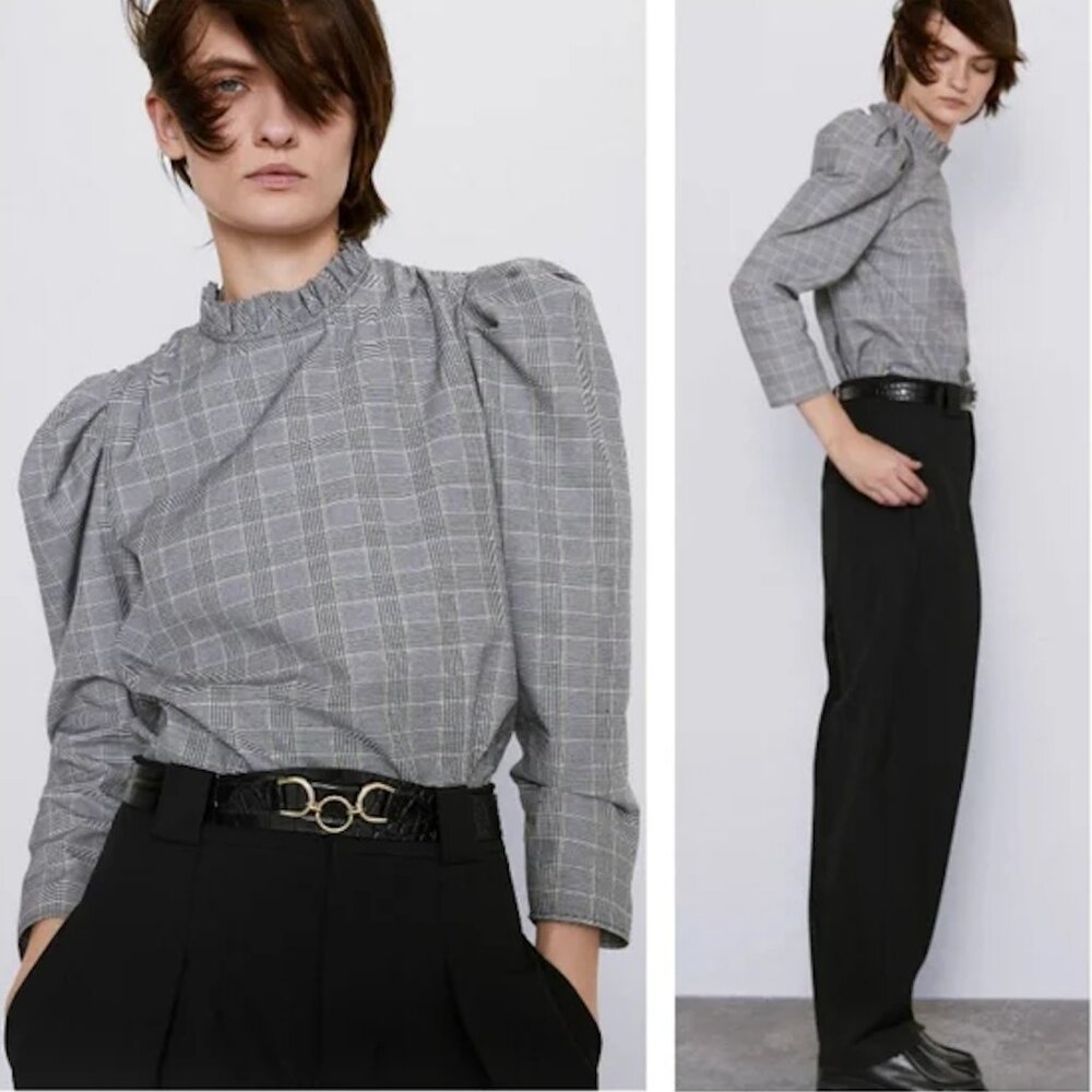Zara Black/White Glen Check Long Sleeve Top Ruffled Collar Puff Sleeves, Size XS